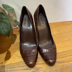 LAUREN Ralph Lauren BROWN LEATHER CROC EMBOSSED HEELS SHOES 3.75 HEEL S 10